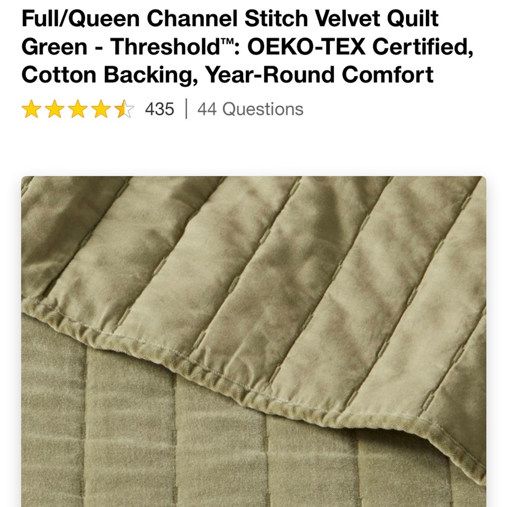 Full/Queen Channel Stitch Velvet Quilt
Green - Threshold - Picture 5 of 6